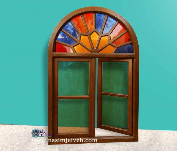 پنجره گره چینی با چوب راش و شیشه رنگی